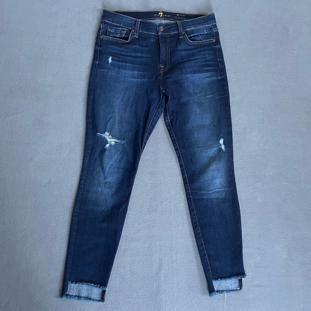 7‎ For All Mankind Jeans Womens 30 Blue Ankle Skinny Raw Hem 30x28 Euc